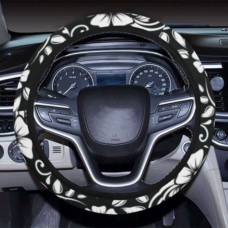 Floral Black White Themed Print Steering Wheel Cover with Elastic Edge