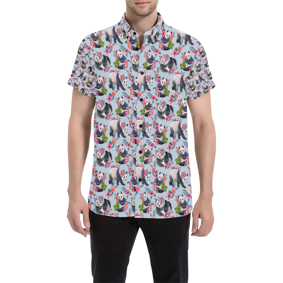 Panda Bear Flower Design Themed Print Men's Short Sleeve Button Up Shirt