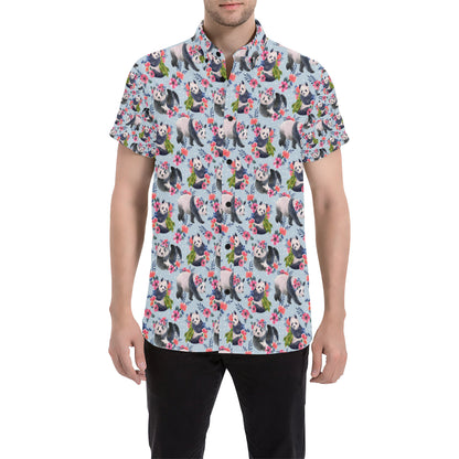 Panda Bear Flower Design Themed Print Men's Short Sleeve Button Up Shirt