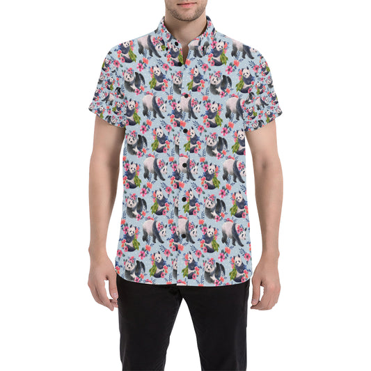 Panda Bear Flower Design Themed Print Men's Short Sleeve Button Up Shirt