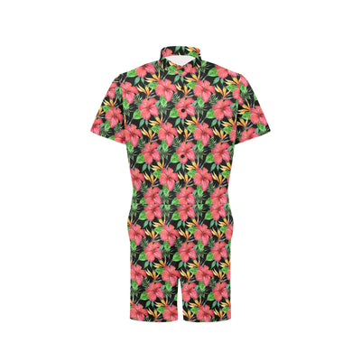 Red Hibiscus Pattern Print Design HB07 Men's Romper