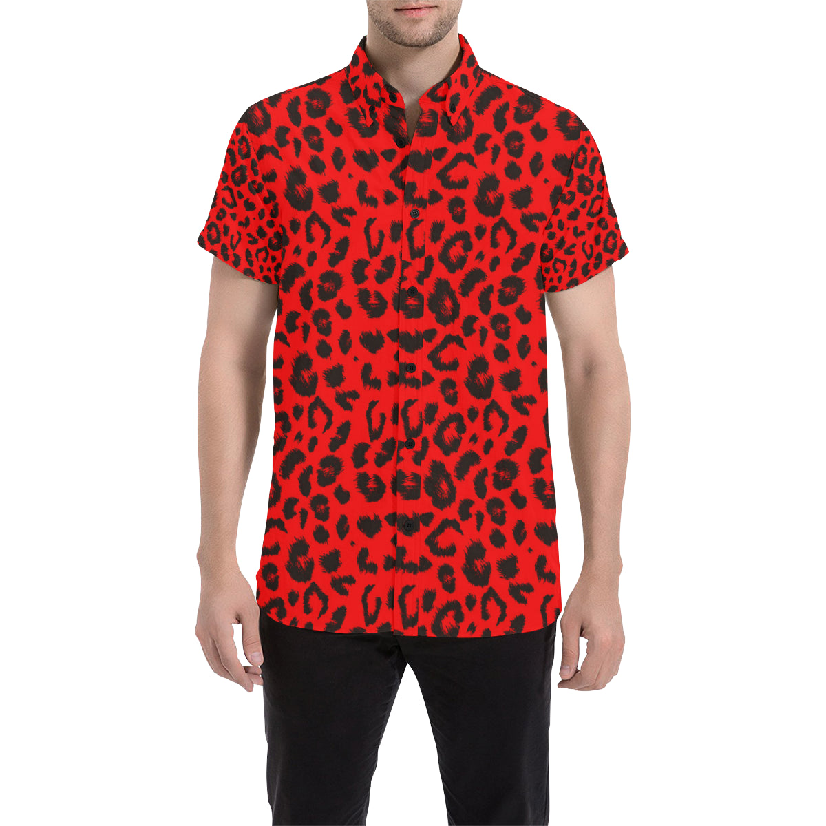 Leopard Red Skin Print Men's Short Sleeve Button Up Shirt
