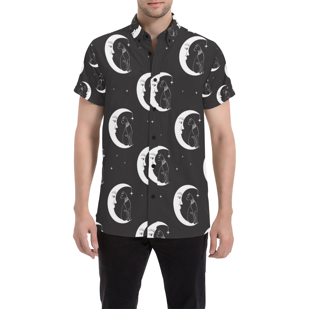 Moon with Cat Pattern Print Design 04 Men's Short Sleeve Button Up Shirt