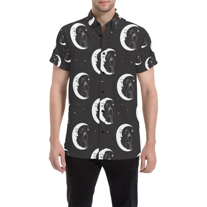 Moon with Cat Pattern Print Design 04 Men's Short Sleeve Button Up Shirt