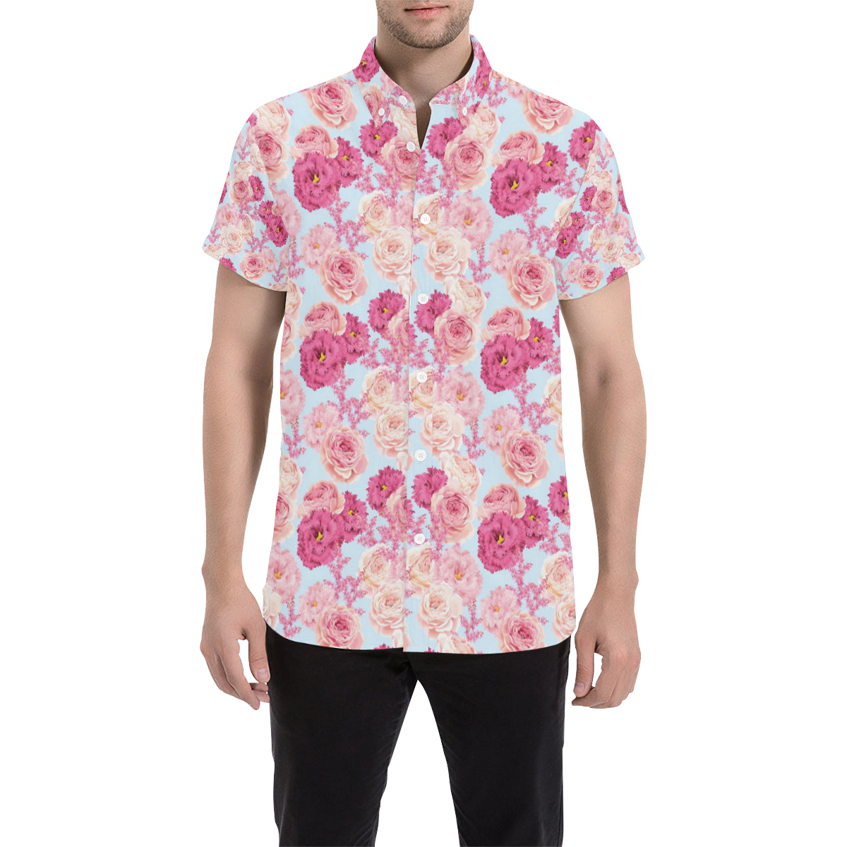 Lisianthus Pattern Print Design LT05 Men's Short Sleeve Button Up Shirt