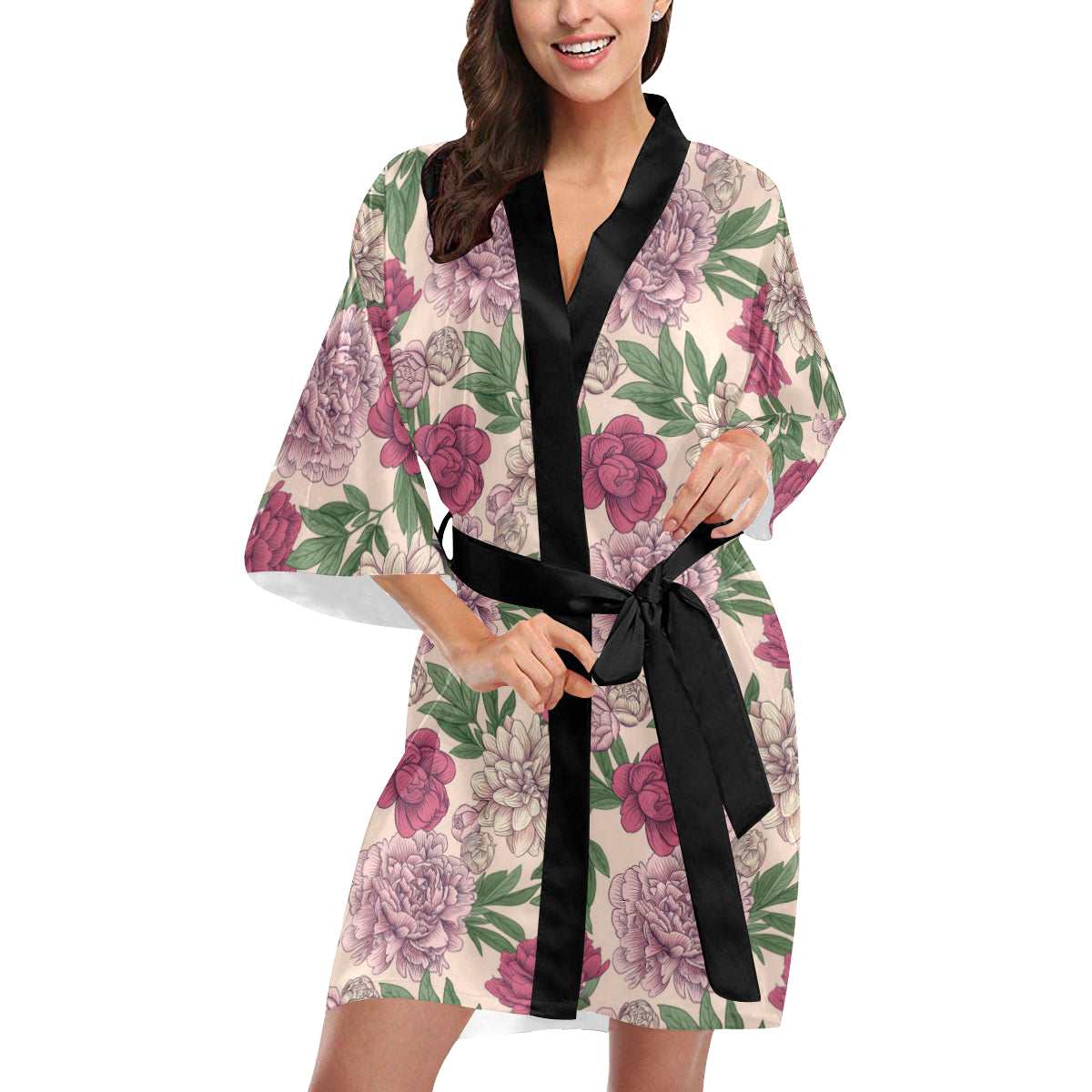 Peony Pattern Print Design A01 Women's Short Kimono