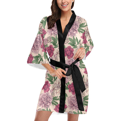 Peony Pattern Print Design A01 Women's Short Kimono
