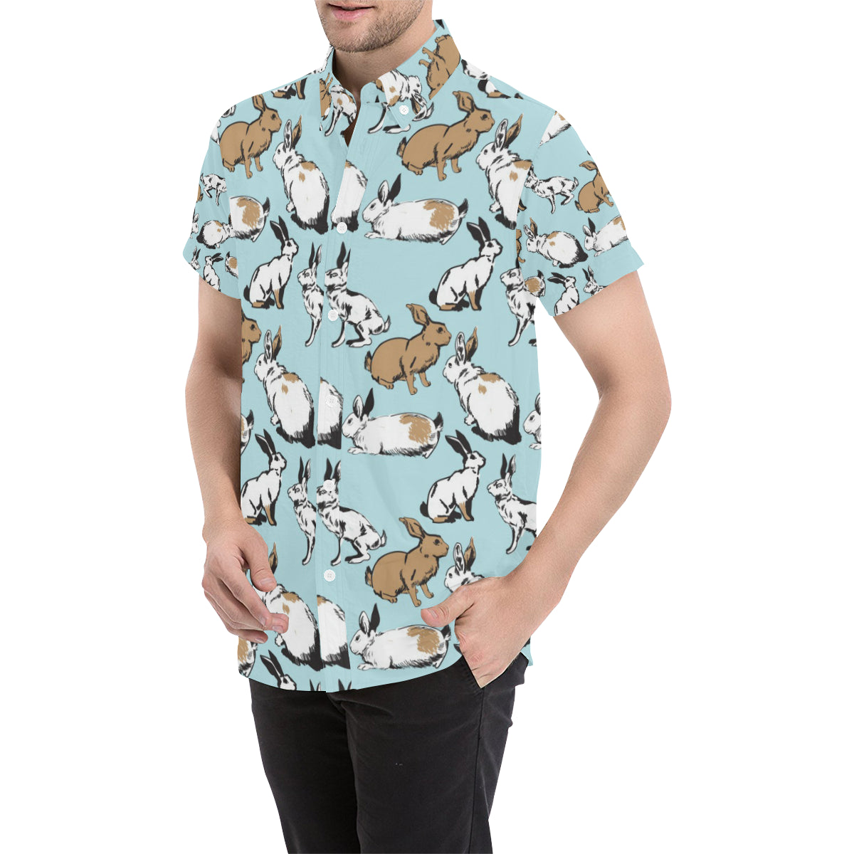 Rabbit Pattern Print Design RB018 Men's Short Sleeve Button Up Shirt