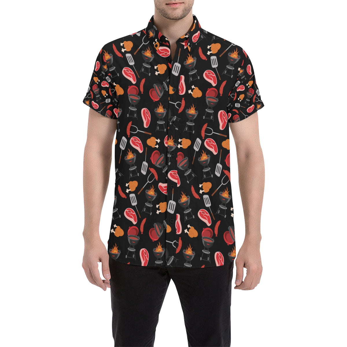 Barbecue Pattern Print Design 04 Men's Short Sleeve Button Up Shirt