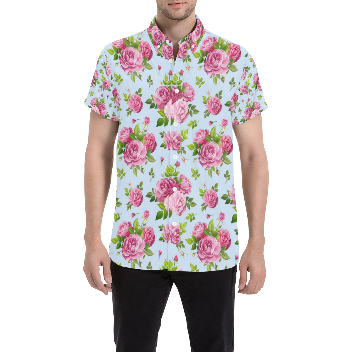 Rose Pink Pattern Print Design RO08 Men's Short Sleeve Button Up Shirt