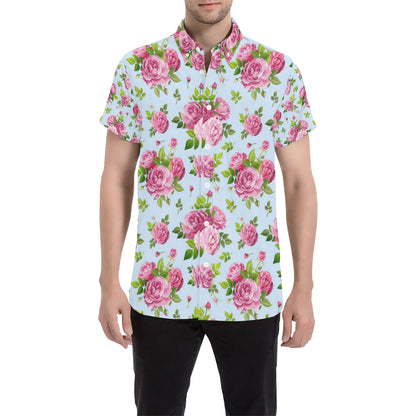 Rose Pink Pattern Print Design RO08 Men's Short Sleeve Button Up Shirt