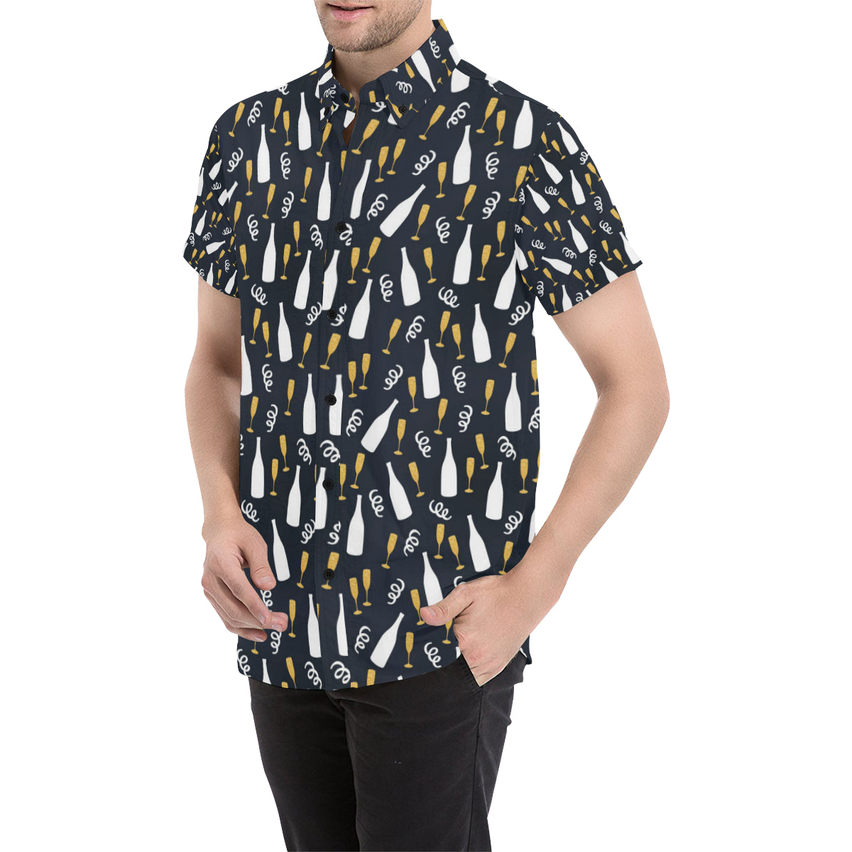 Champagne Pattern Print Design 01 Men's Short Sleeve Button Up Shirt