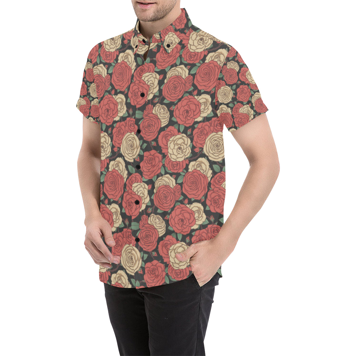 Camellia Pattern Print Design CM01 Men's Short Sleeve Button Up Shirt