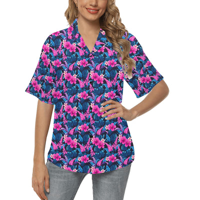 Tropical Folower Pink Themed Print Women's Hawaiian Shirt