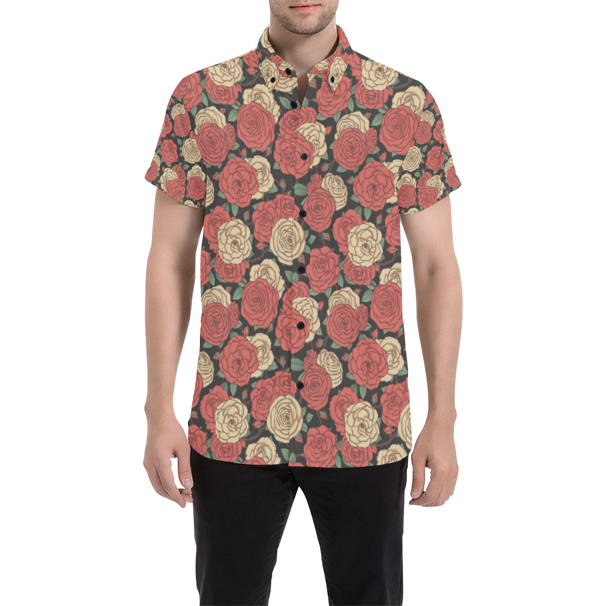 Camellia Pattern Print Design CM01 Men's Short Sleeve Button Up Shirt