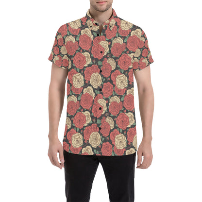 Camellia Pattern Print Design CM01 Men's Short Sleeve Button Up Shirt