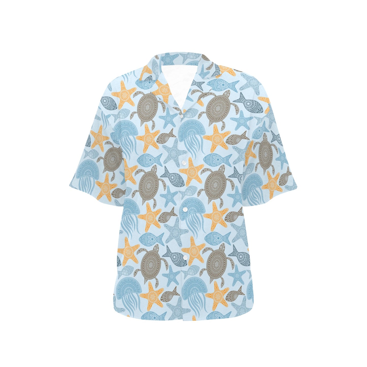 Polynesian Jellyfish Turtle Print Women's Hawaiian Shirt