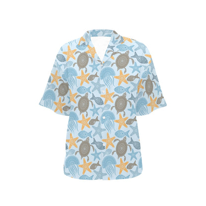 Polynesian Jellyfish Turtle Print Women's Hawaiian Shirt