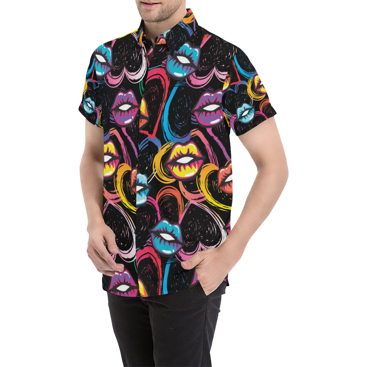 Pop Art Lip Pattern Print Design A03 Men's Short Sleeve Button Up Shirt