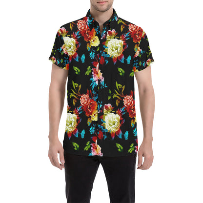 Peony Pattern Print Design PE07 Men's Short Sleeve Button Up Shirt