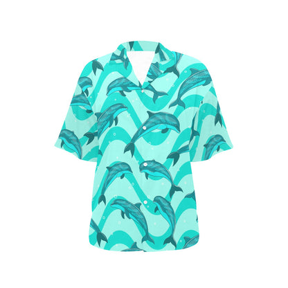 Dolphin Wave Print Women's Hawaiian Shirt
