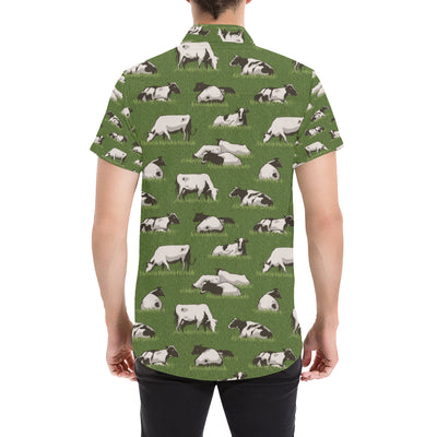 Cow on Grass Print Pattern Men's Short Sleeve Button Up Shirt