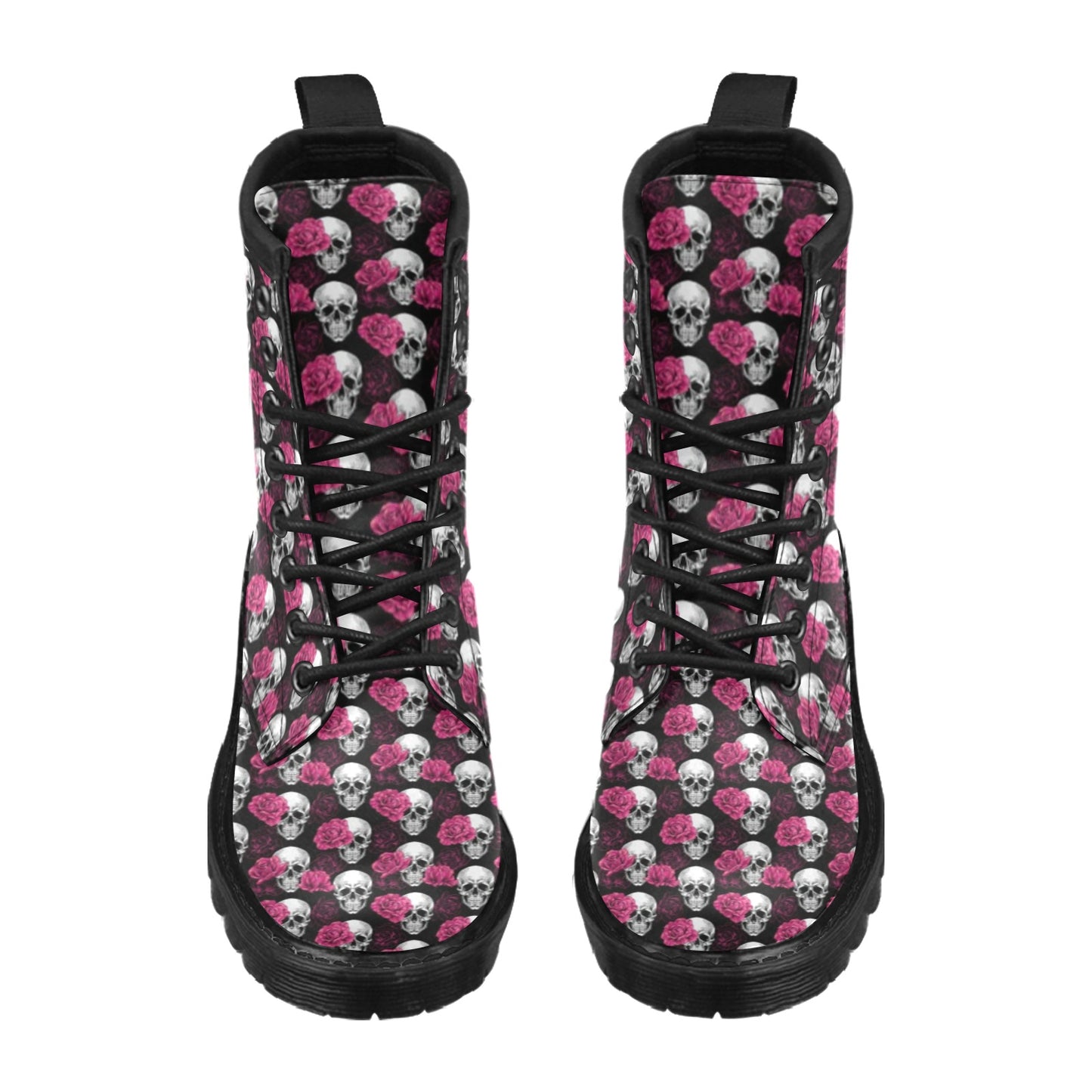 Pink Rose Skull Themed Print Women's Boots