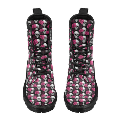 Pink Rose Skull Themed Print Women's Boots