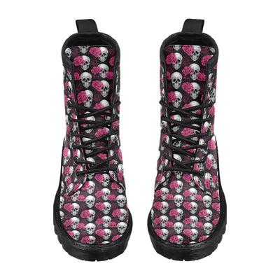 Pink Rose Skull Themed Print Women's Boots
