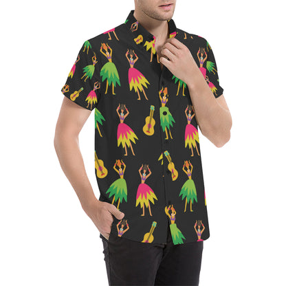 Hula Dancers Hawaiian Girl Pattern Print Design 03 Men's Short Sleeve Button Up Shirt