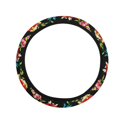 Skull Roses Flower Design Themed Print Steering Wheel Cover with Elastic Edge