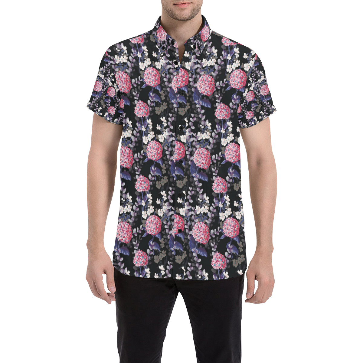 Hydrangea Pattern Print Design HD04 Men's Short Sleeve Button Up Shirt