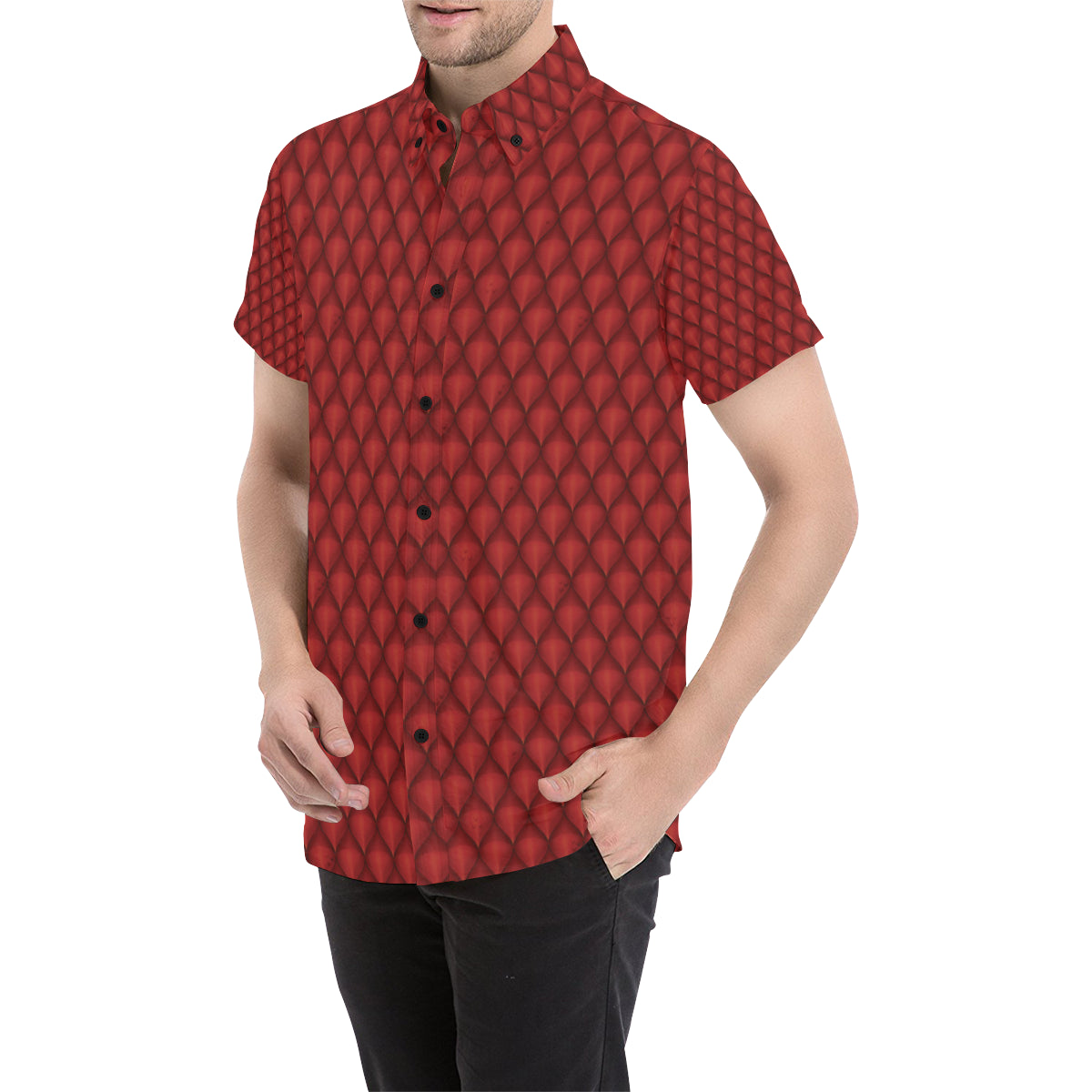 Dragons Red Skin Texture Men's Short Sleeve Button Up Shirt