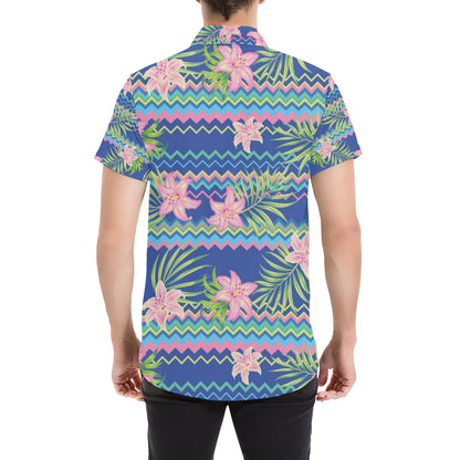 Lily Pattern Print Design LY015 Men's Short Sleeve Button Up Shirt
