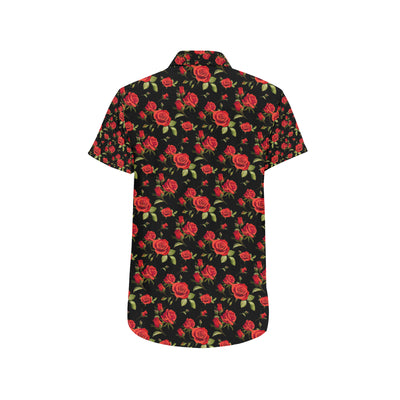 Red Rose Themed Print Men's Short Sleeve Button Up Shirt