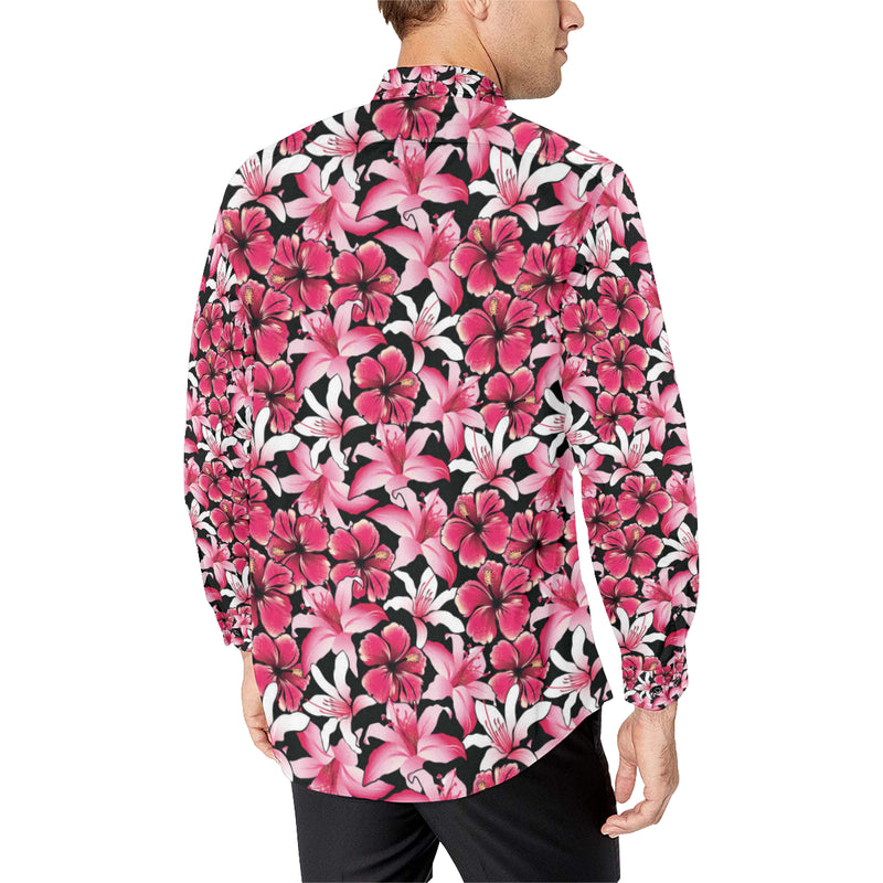 Flower Hawaiian Pink Red  Hibiscus Print Men's Long Sleeve Shirt