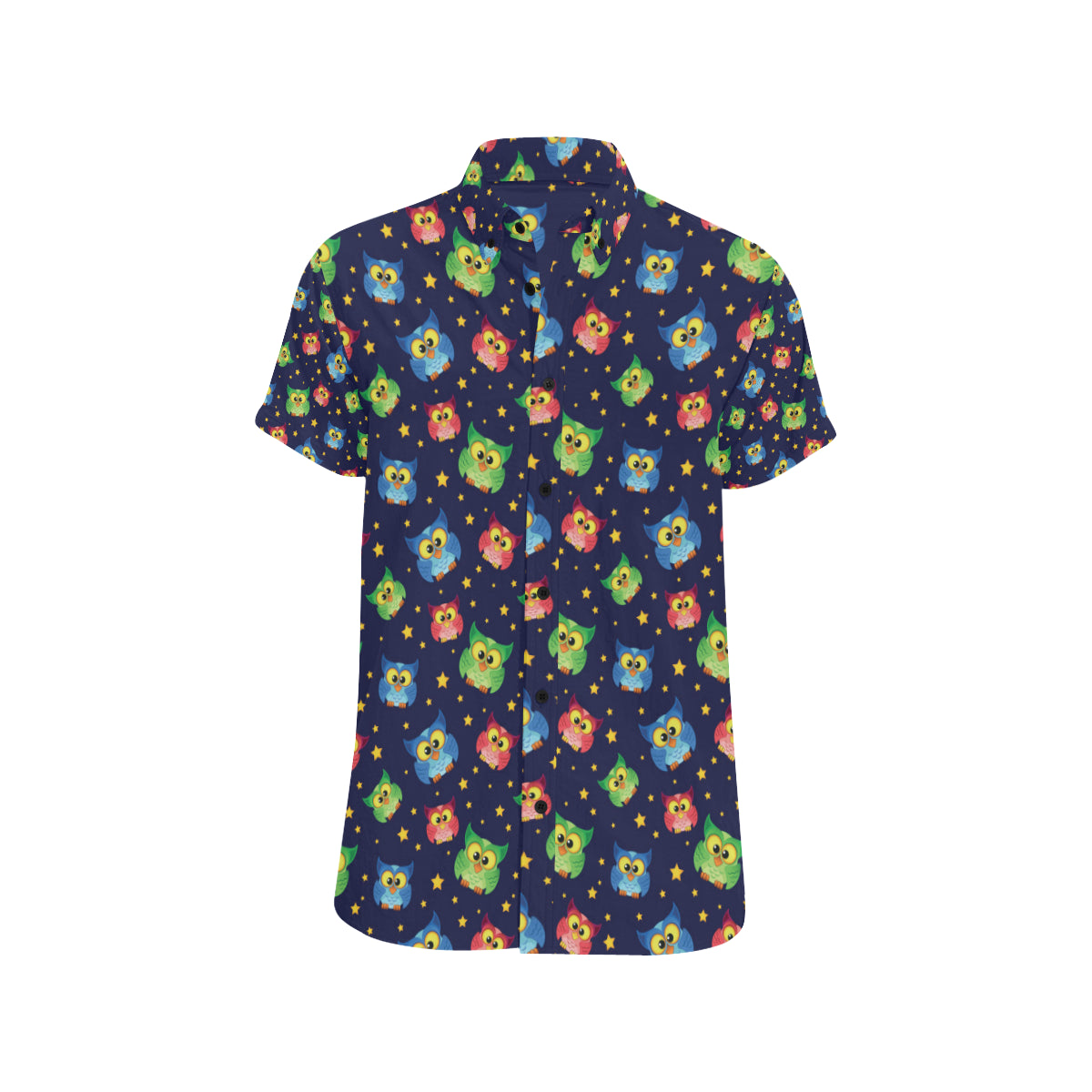 Owl with Star Themed Design Print Men's Short Sleeve Button Up Shirt