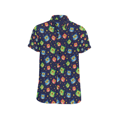 Owl with Star Themed Design Print Men's Short Sleeve Button Up Shirt