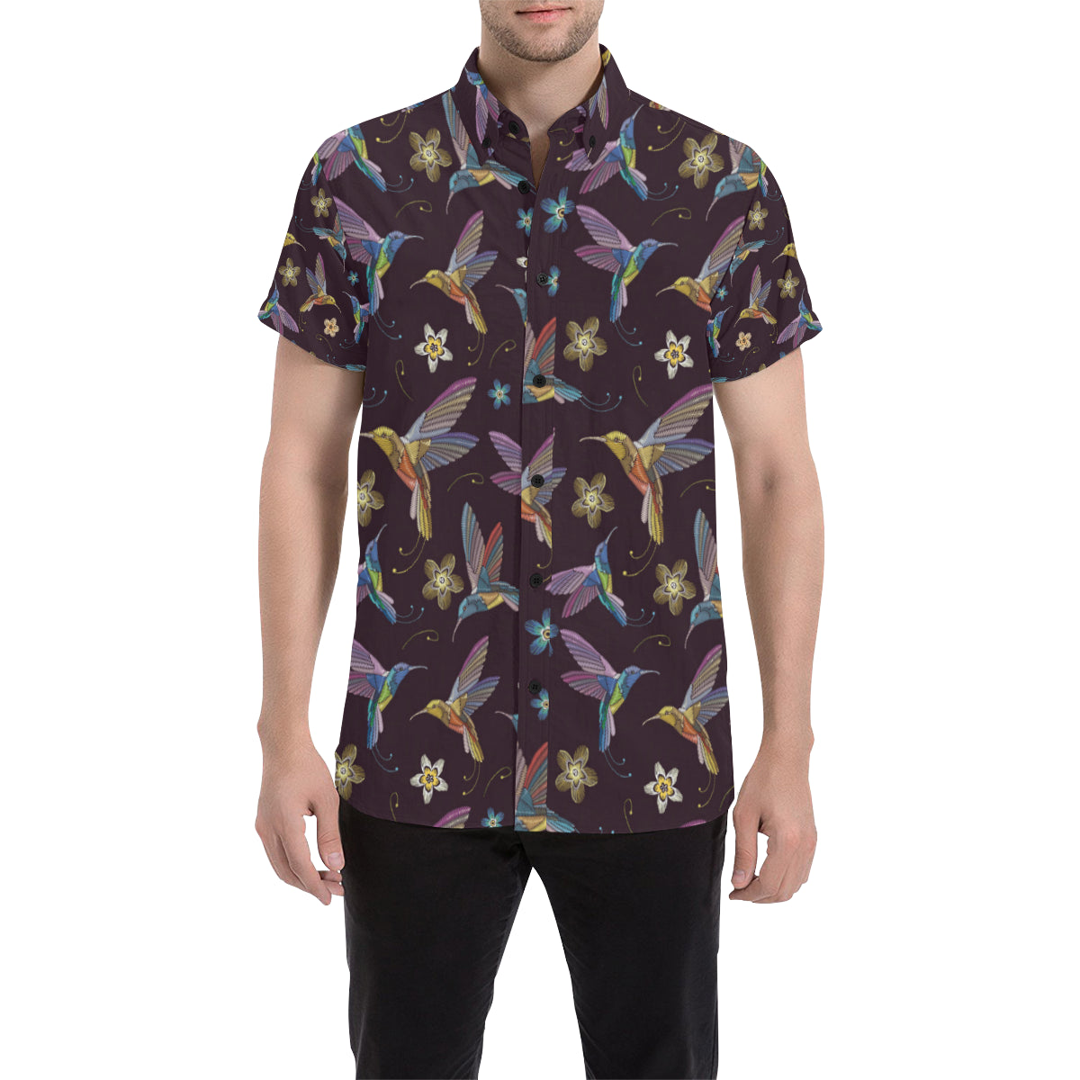 Hummingbird Pattern Print Design 04 Men's Short Sleeve Button Up Shirt