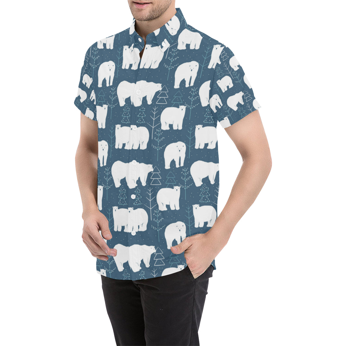 Polar Bear Pattern Print Design A01 Men's Short Sleeve Button Up Shirt
