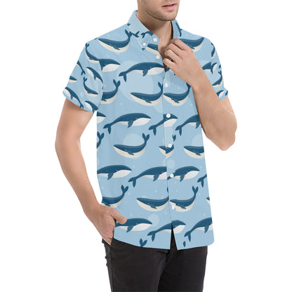 Blue Whale Pattern Print Design 02 Men's Short Sleeve Button Up Shirt