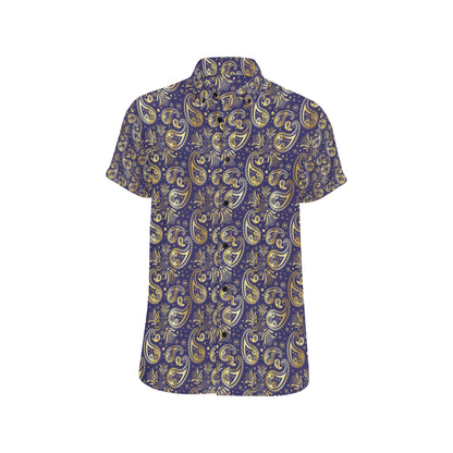 Paisley Blue Yellow Design Print Men's Short Sleeve Button Up Shirt