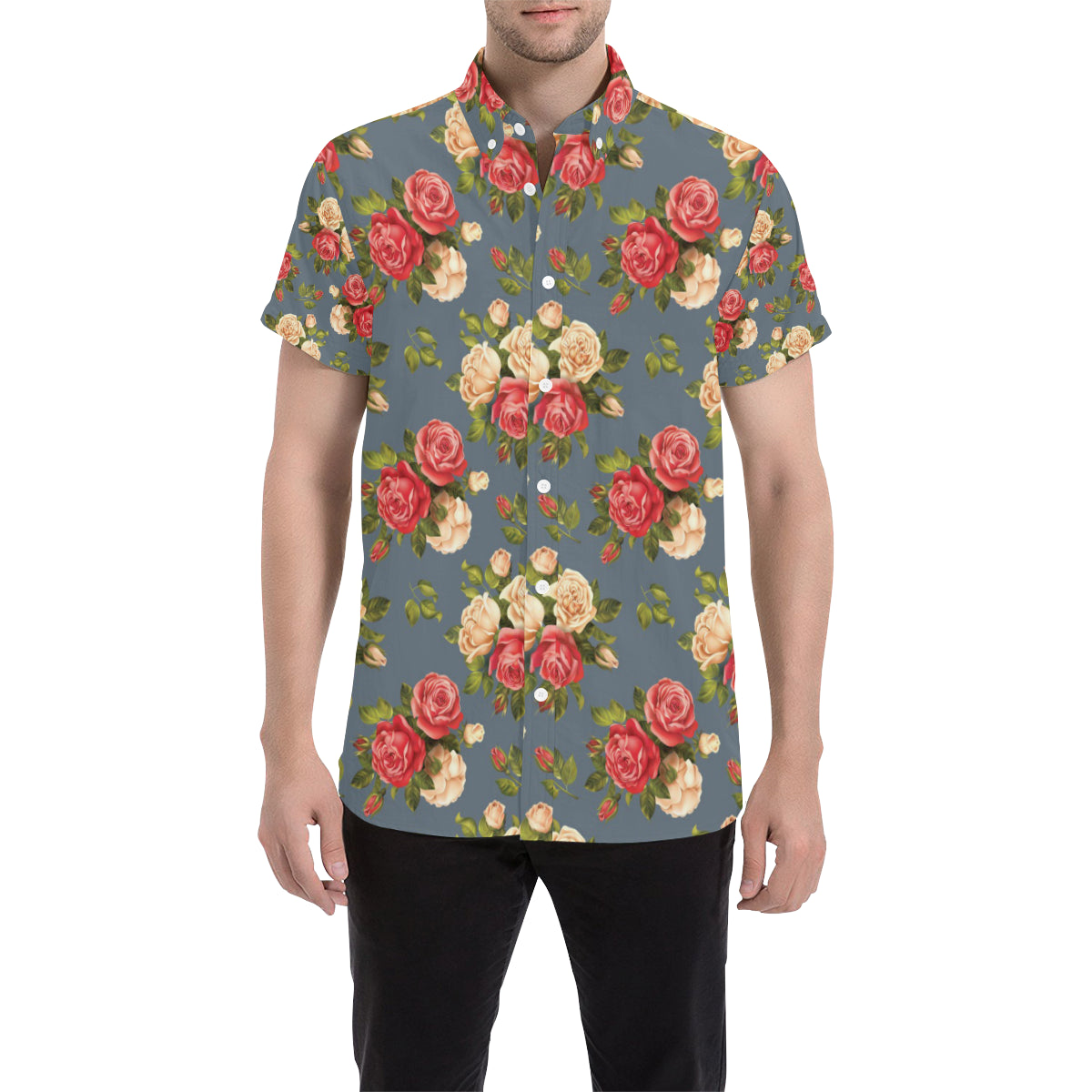 Rose Pattern Print Design RO017 Men's Short Sleeve Button Up Shirt
