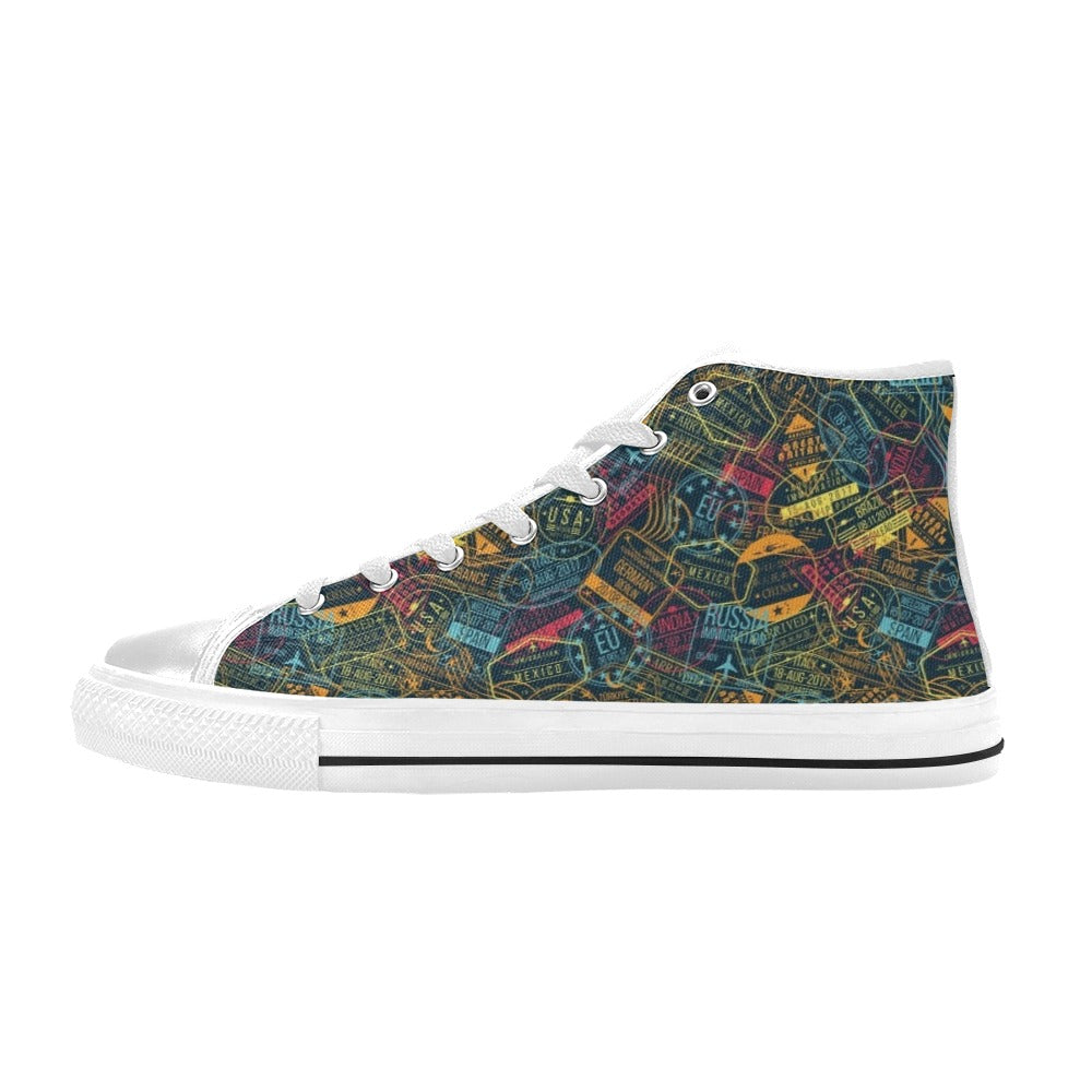 Travel Stamp Colorful Print Design LKS304 High Top Women's White Shoes