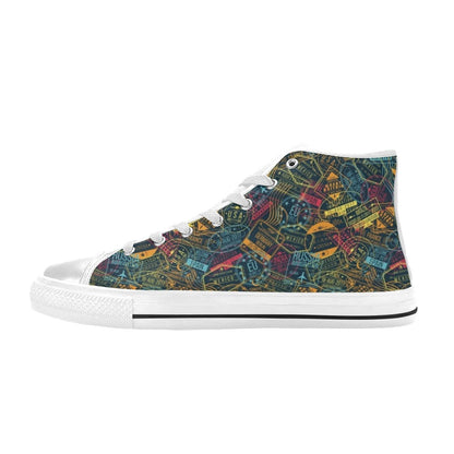 Travel Stamp Colorful Print Design LKS304 High Top Women's White Shoes