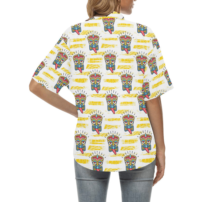 Tiki Smile Mask Print Pattern Women's Hawaiian Shirt