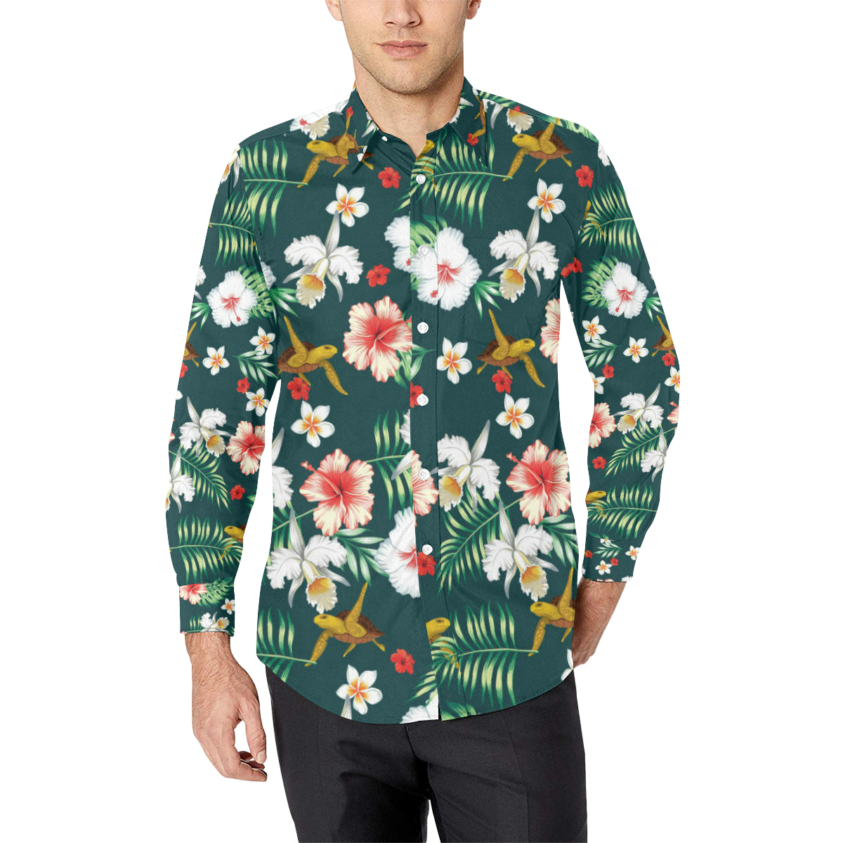 Hawaiian Flower Design with SeaTurtle Print Men's Long Sleeve Shirt