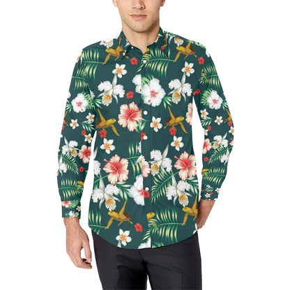 Hawaiian Flower Design with SeaTurtle Print Men's Long Sleeve Shirt