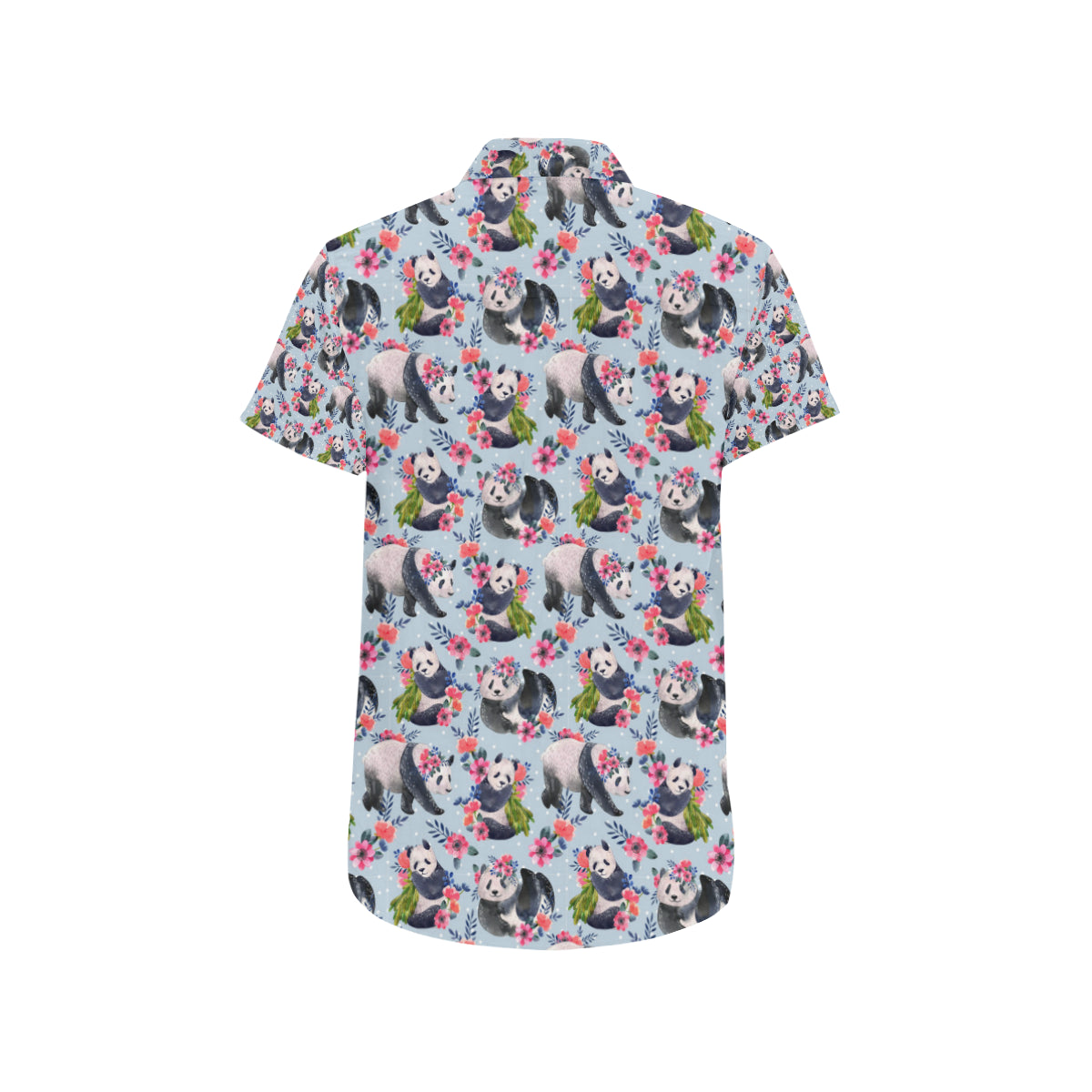 Panda Bear Flower Design Themed Print Men's Short Sleeve Button Up Shirt