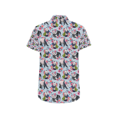 Panda Bear Flower Design Themed Print Men's Short Sleeve Button Up Shirt